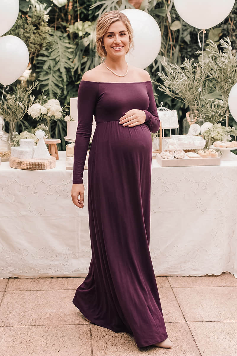 Solid Long Sleeve Off-Shoulder Maternity Maxi Dress