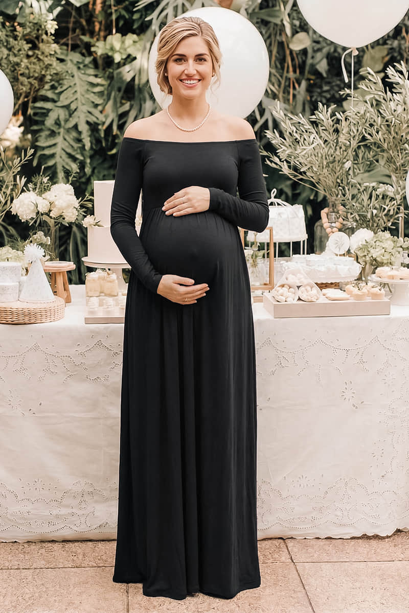 Solid Long Sleeve Off-Shoulder Maternity Maxi Dress