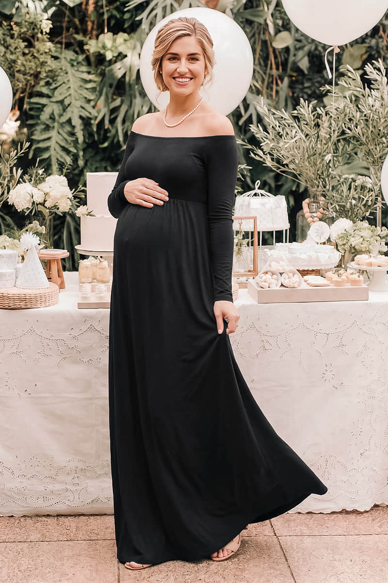 Solid Long Sleeve Off-Shoulder Maternity Maxi Dress