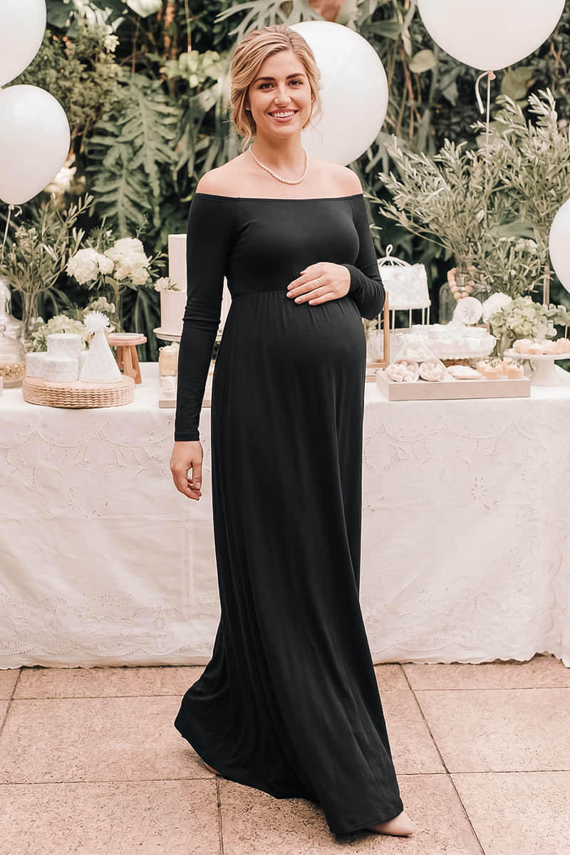 Solid Long Sleeve Off-Shoulder Maternity Maxi Dress