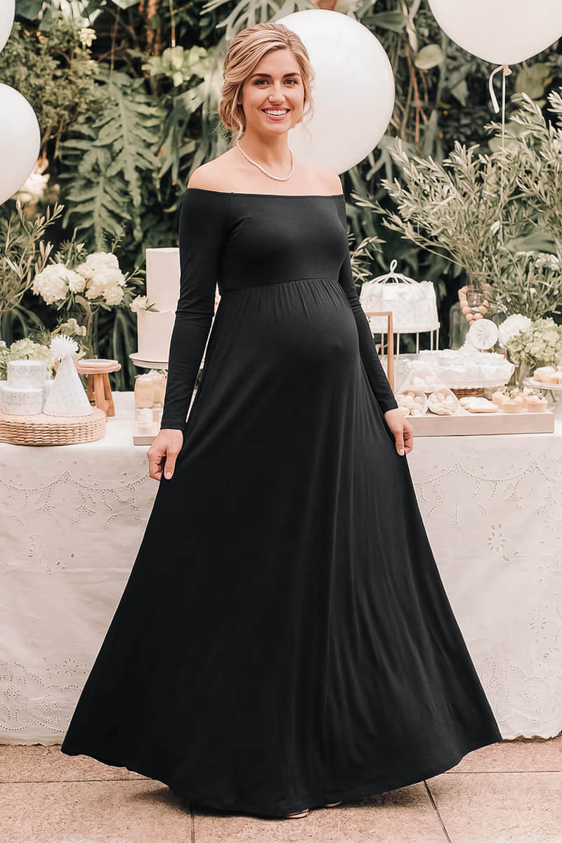 Solid Long Sleeve Off-Shoulder Maternity Maxi Dress