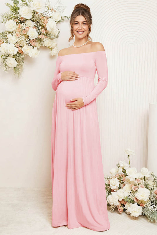 Solid Long Sleeve Off-Shoulder Maternity Maxi Dress