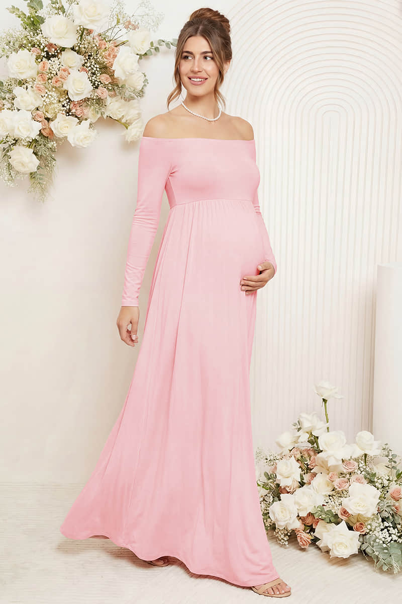 Solid Long Sleeve Off-Shoulder Maternity Maxi Dress
