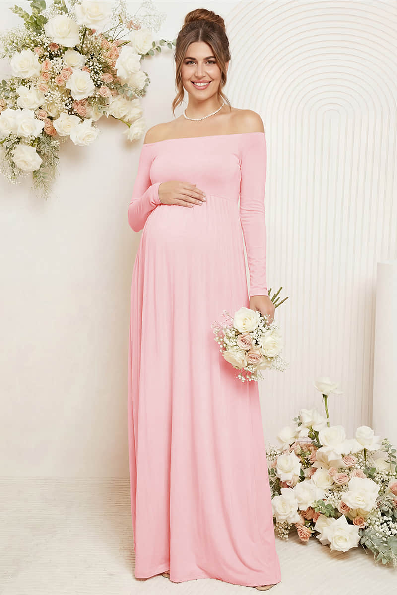 Solid Long Sleeve Off-Shoulder Maternity Maxi Dress
