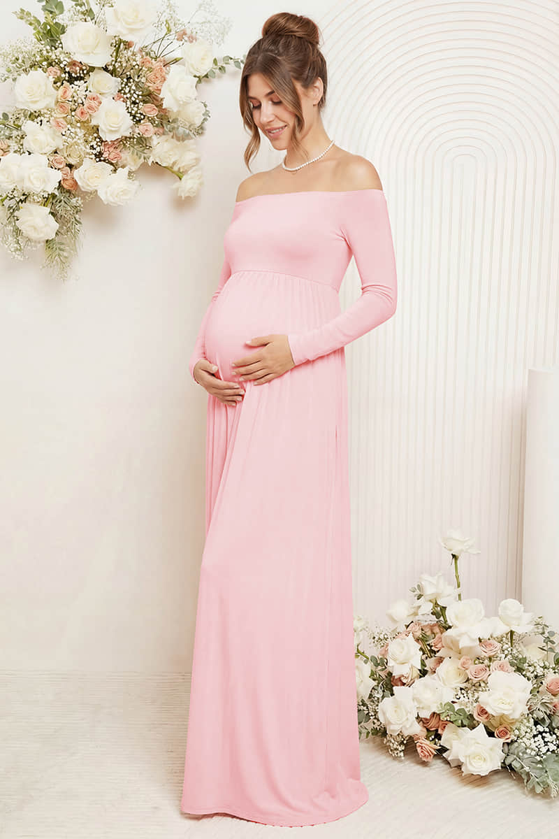 Solid Long Sleeve Off-Shoulder Maternity Maxi Dress