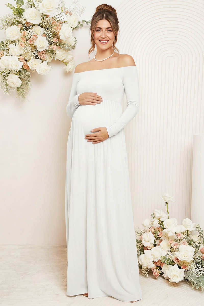 Solid Long Sleeve Off-Shoulder Maternity Maxi Dress