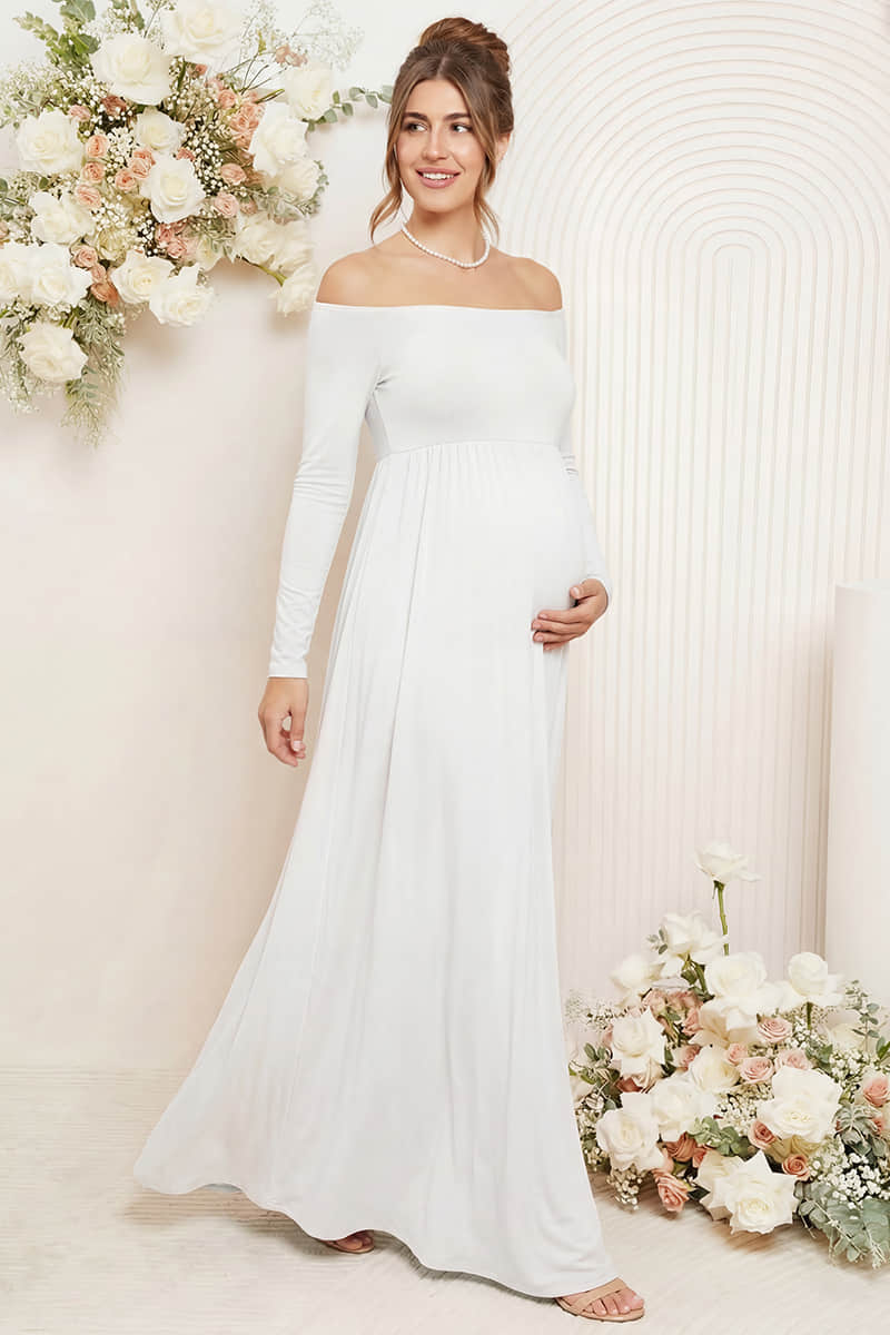 Solid Long Sleeve Off-Shoulder Maternity Maxi Dress