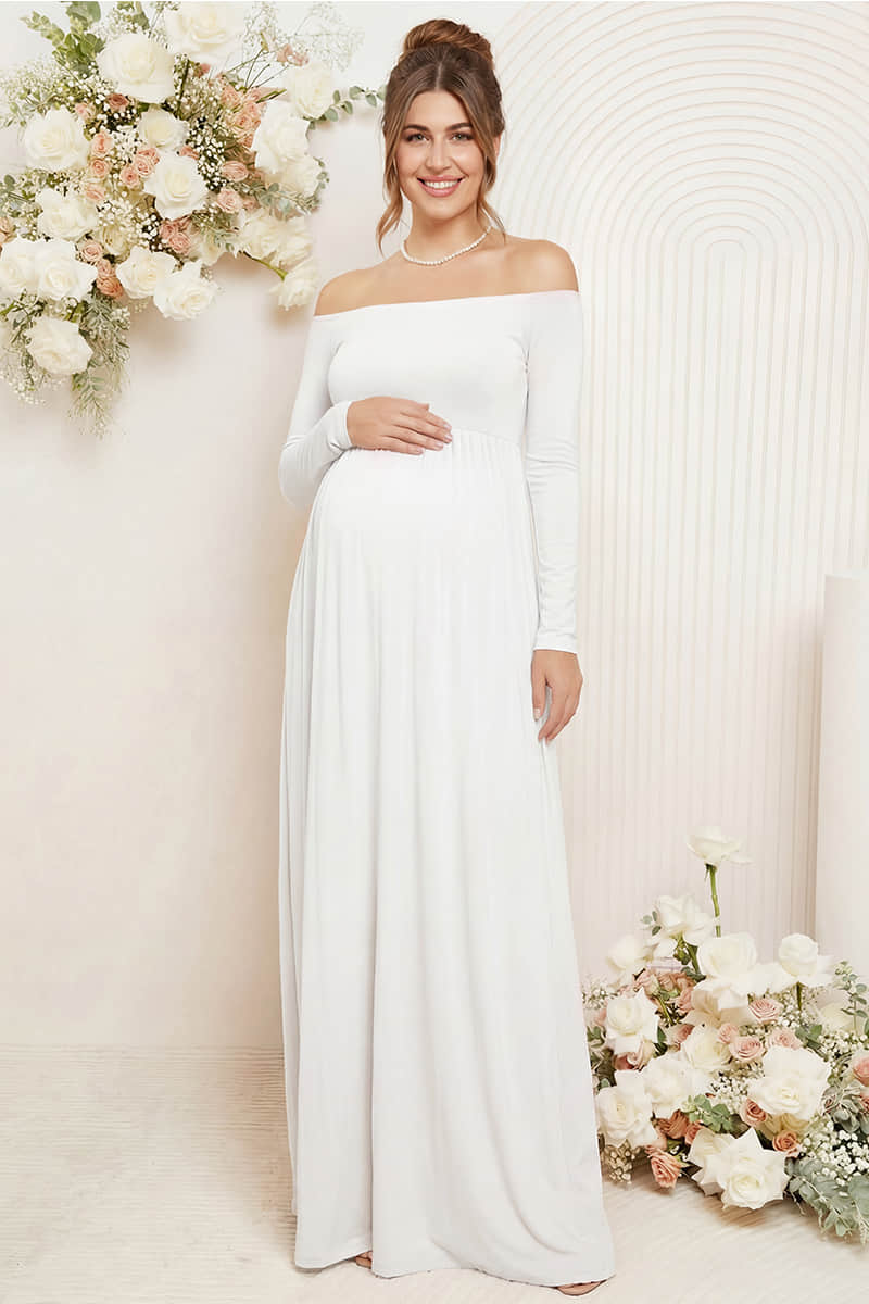 Solid Long Sleeve Off-Shoulder Maternity Maxi Dress