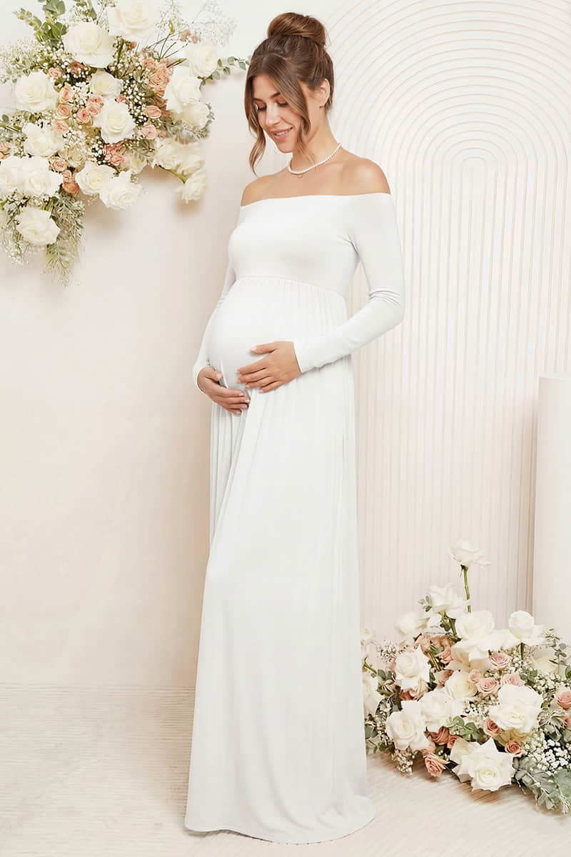 Solid Long Sleeve Off-Shoulder Maternity Maxi Dress