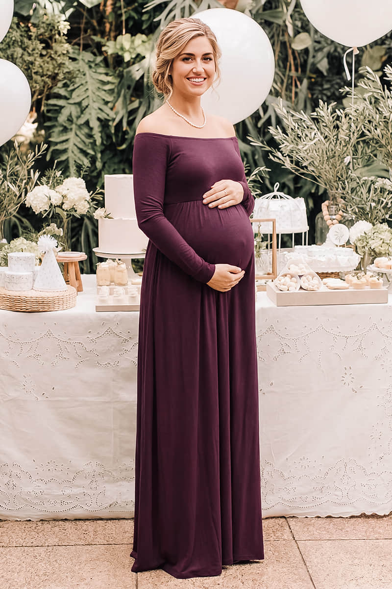 Solid Long Sleeve Off-Shoulder Maternity Maxi Dress