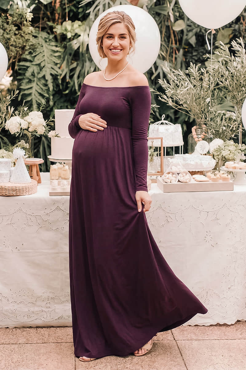 Solid Long Sleeve Off-Shoulder Maternity Maxi Dress