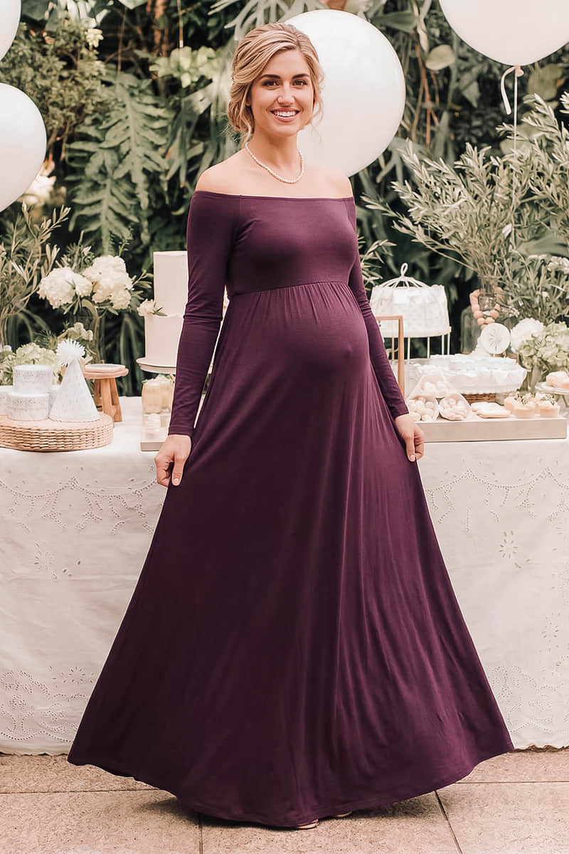 Solid Long Sleeve Off-Shoulder Maternity Maxi Dress